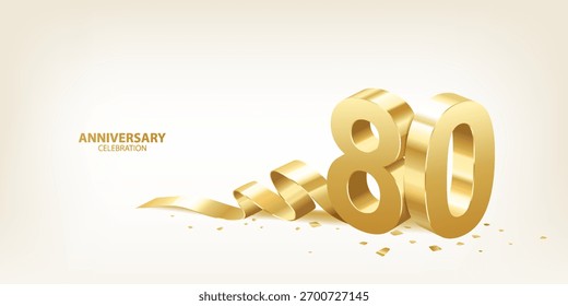 Fondo de la celebración del 80 aniversario. Números dorados 3D con cinta y confeti.
