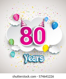 80th Anniversary Celebration Design, with clouds and balloons, confetti. Vector template elements for your, eighty years birthday celebration party.