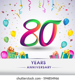 80th Anniversary Celebration Design, with gift box, balloons and confetti, Colorful Vector template elements for your, eighty years birthday celebration party.