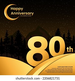 80th anniversary, Anniversary Celebration with golden text, isolated on mountains background, vector template illustration