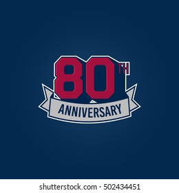 80th Anniversary Celebration Logo using 3d Number, Red Colored Isolated in Blue Background. Retro Style 