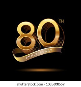 80th Anniversary celebration logotype colored with shiny gold, using ribbon and isolated on black background