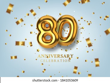 80th Anniversary celebration. Number in the form of golden balloons. Realistic 3d gold numbers and sparkling confetti, serpentine. Horizontal template for Birthday or wedding. Vector illustration