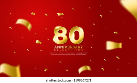 80th anniversary celebration vector red background. Golden numbers with shadow and sparkling confetti modern and elegant design for wedding party event decoration.
