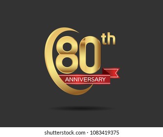 80th anniversary design logotype golden color with swoosh ring and red ribbon for celebration isolated on dark background