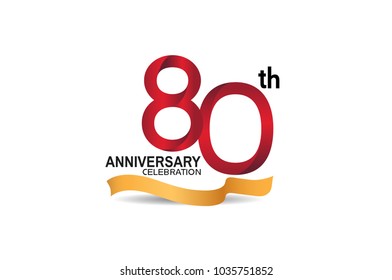 80th anniversary design logotype red color and golden ribbon for celebration isolated on white background