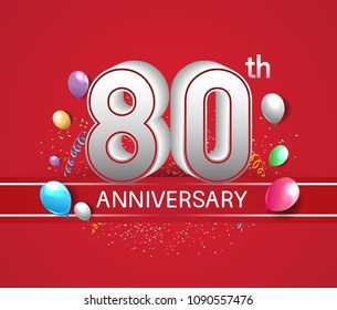 80th anniversary design red background with balloons and confetti for company celebration event 