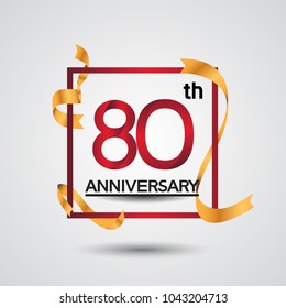 80th anniversary design with red color in square and golden ribbon isolated on white background for celebration
