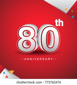 80th anniversary design with white number  on red background and confetti for celebration
