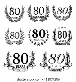 80th anniversary emblems set. Collection of hand drawn jubilee signs with wreath. Celebration badges in sketch style.