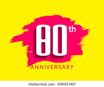 80th anniversary flat design pink brush on yellow background for celebration event 
