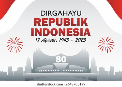 80º aniversário da celebração do Dia da Independência da Indonésia em 17 de agosto, com a silhueta de Istana Garuda. Cópia arquivada em 17 de julho de 2012 "Dirgahayu 80 tahun republik indonesia background" . Banner do 17 Agustus 2025.