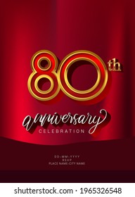 80th Anniversary Invitation and Greeting Card Design, Golden and Silver Colored, Elegant Design, Isolated on Red Background. Vector illustration.