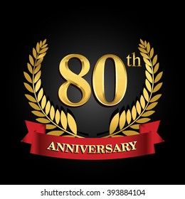 80th anniversary logo with red ribbon and golden laurel wreath, vector design for birthday celebration.