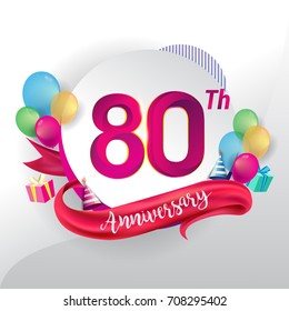 80th Anniversary logo with ribbon, balloon, and gift box isolated on circle object and colorful background