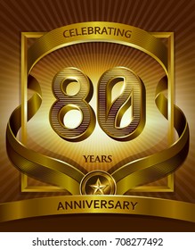 80th anniversary logo. Vector and illustration with ribbon shiny gold