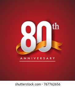 80th anniversary logotype with golden ribbon isolated on red elegance background, vector design for birthday celebration, greeting card and invitation card.