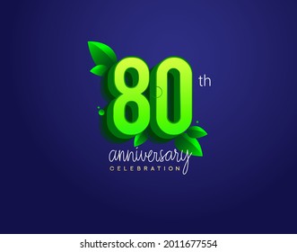80th anniversary logotype with leaf and green colored, isolated on blue background.