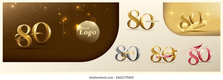 80th anniversary logotype modern gold number with shiny ribbon. alternative logo number Golden anniversary celebration