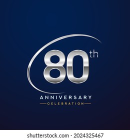 80th anniversary logotype silver color with swoosh or ring, isolated on blue background for anniversary celebration event.