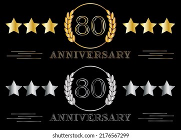 80th anniversary set gold and silver. Celebrating birthday, banner for special date with ring on isolated background.
