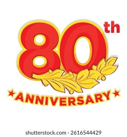 80th anniversary - strict style red with gold logo for memorable date, event, celebration, greeting card, invitation. Golden laurel branch, stars. Vector on transparent background