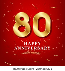 80th anniversary vector template with a golden number and golden confetti spread on a red background