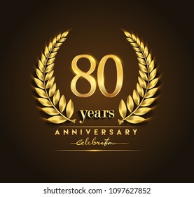 80th gold anniversary celebration logo with golden color and laurel wreath vector design.