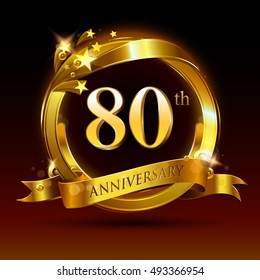 80th golden anniversary logo, 80 years anniversary celebration with ring and ribbon.
