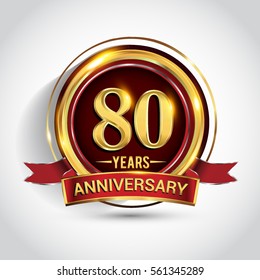 80th golden anniversary logo, eighty years birthday celebration with ring and red ribbon isolated on white background