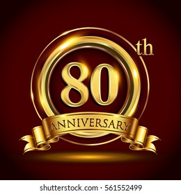 80th golden anniversary logo, eighty years birthday celebration with gold ring and golden ribbon.