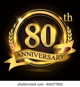 80th golden anniversary logo with ring and ribbon, laurel wreath vector design.