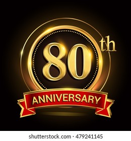 80th golden anniversary logo with ring and red ribbon. Vector design template elements for your birthday celebration.