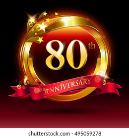 80th golden anniversary logo. with ring and red ribbon.
