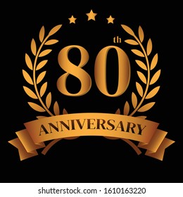 80th golden anniversary logo,with Laurel Wreath and gold ribbon Vector Illustration