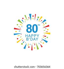 80th Happy Birthday logo, circle shape, colorful sunburst, red blue green yellow color