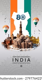 80th India Independence Day 2026 Banner Featuring 3D National Monuments and Tricolor Theme on Mandala Background. 