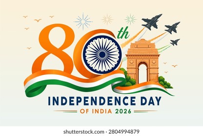 80th India Independence Day 2026 Vector Banner. Flat patriotic web header celebrating India's 80th Independence Day with India Gate, fighter jets, and tricolor ribbon.