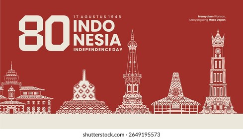 80th Indonesia Independence Day Banner with Traditional Landmark Line Art