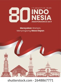 Pôster de celebração do 80º Dia da Independência da Indonésia com ilustração de referência e fita da bandeira de ondulação