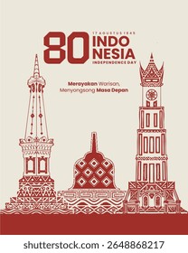 Poster do Dia da Independência da 80ª Indonésia com a tradicional arte da linha de referência