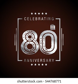 80th Silve grunge anniversary logo, laurel wreath isolated on brown background, vector design