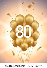 80th Year anniversary celebration background. Golden balloons and confetti with sunbeams in background.
