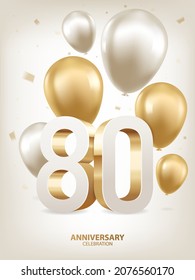 80th Year anniversary celebration background. Golden and silver balloons with confetti on white background with 3D numbers.