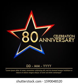 80th years anniversary celebration emblem. anniversary elegance golden logo with red and blue star shape. vector illustration template design for web, leaflet, flyer, greeting card and invitation card