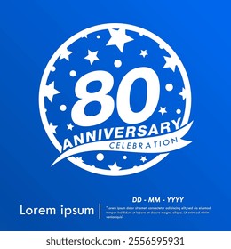 80th years anniversary celebration emblem. white anniversary logo isolated with ribbon and stars ball on blue background. vector illustration template design for web, flyers, poster, greeting card