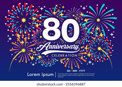 80th years anniversary celebration emblem. anniversary logo isolated with ribbon, sparkle, twinkle fireworks and stars. vector illustration template design for web, flyers, poster, greeting card