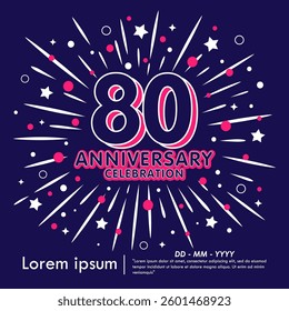 80th years anniversary celebration emblem. anniversary logo isolated with fireworks and stars sparkle glittering background. vector illustration template design for web, flyers, poster, greeting card