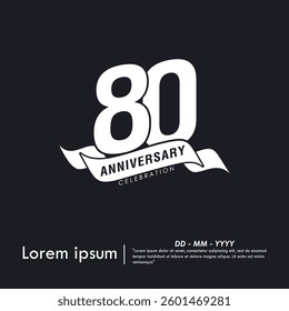 80th years anniversary celebration emblem. white anniversary logo isolated with ribbon on black background. monotone color. vector illustration template design for web, flyers, poster, greeting card