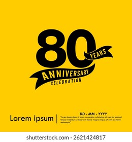 80th years anniversary celebration emblem. black logo isolated with ribbon on yellow background. vector illustration template design for web, flyers, poster, greeting card and invitation card